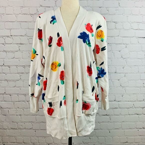 VTG 80s Peter Popovich Floral Print Varsity Cotton Blend Cardigan Sweater - Picture 1 of 13